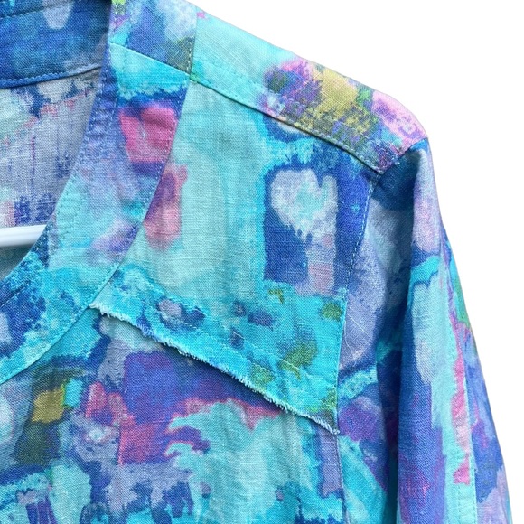 NWT Ali Miles Button Front Linen Blend Floral Top Size Lg, turquoise, blue, pink - Picture 4 of 9
